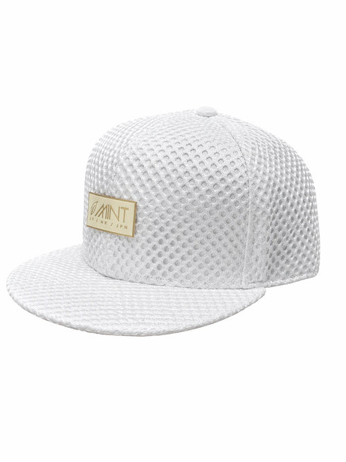 White mesh cap with a gold logo on a white background