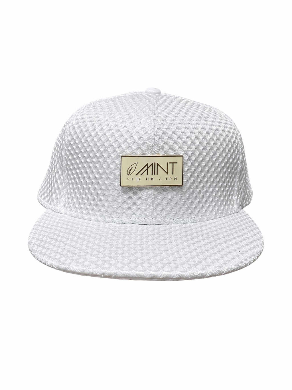White textured cap with a gold logo on a white background