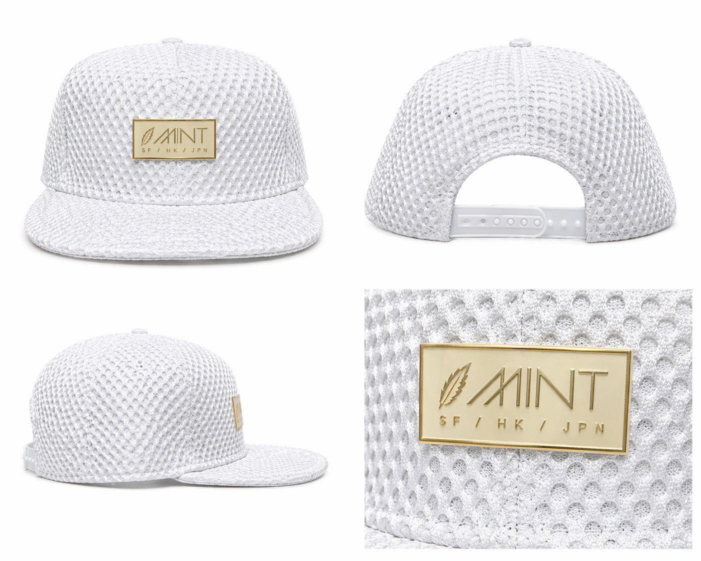 White mesh cap with gold logo and text on a white background