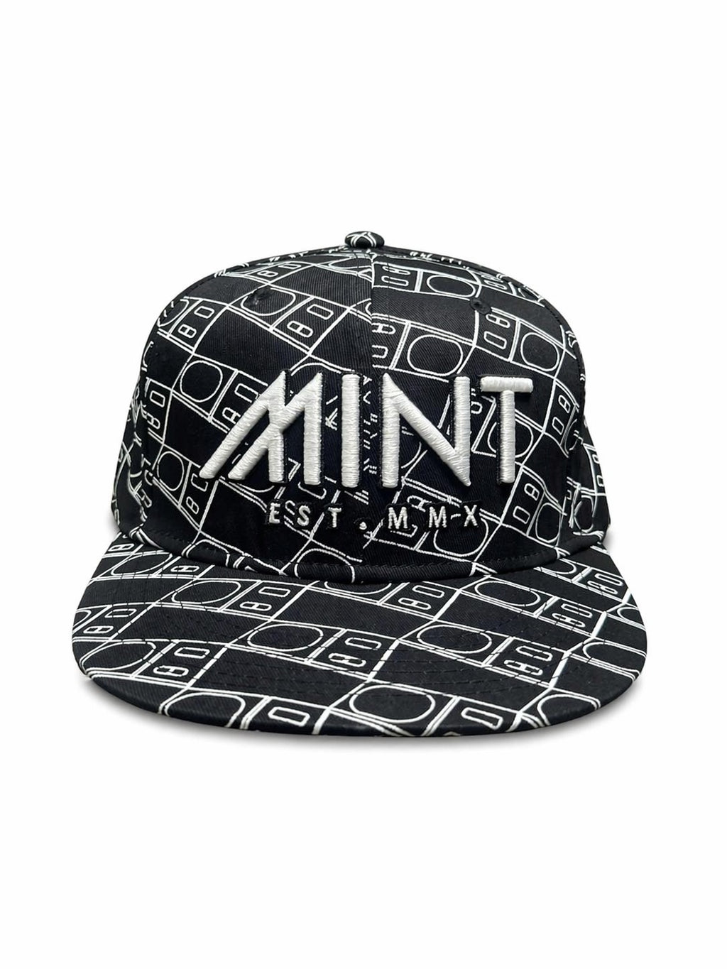 Black cap with white geometric pattern and 'MINT' branding on a white background