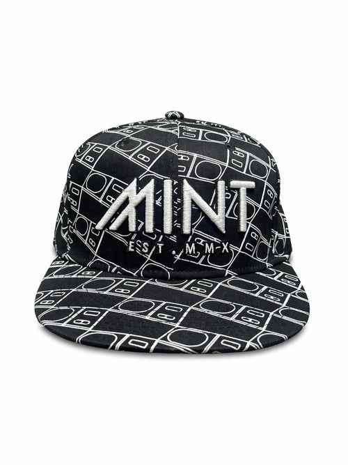 Black cap with white geometric pattern and 'MINT' branding on a white background