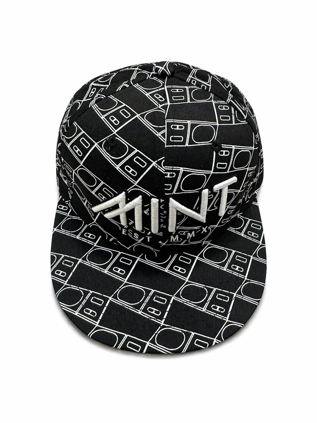 Black cap with white pattern and 'MINT' branding on a white background