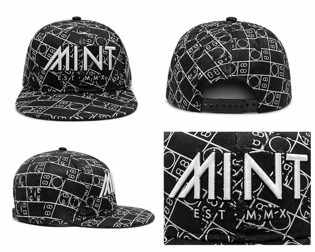 Black and white cap with 'MINT' branding on a white background