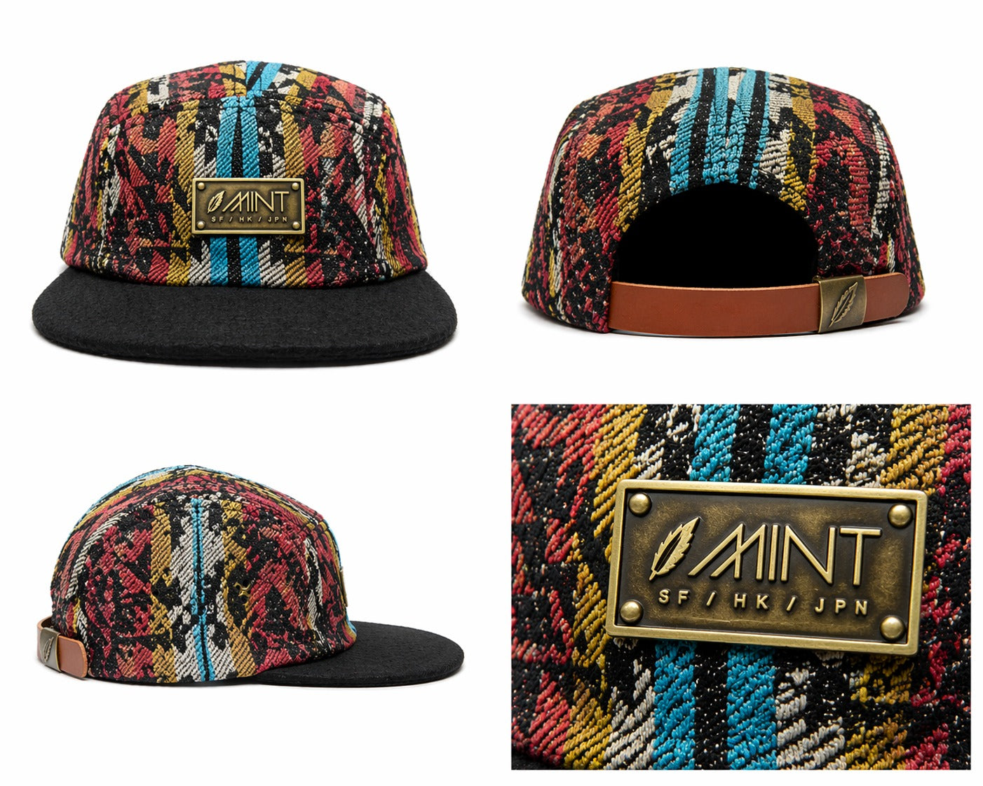 5 Panel Strap back Hat Aztec All over print(Brown/Red) with Black Brim Cap