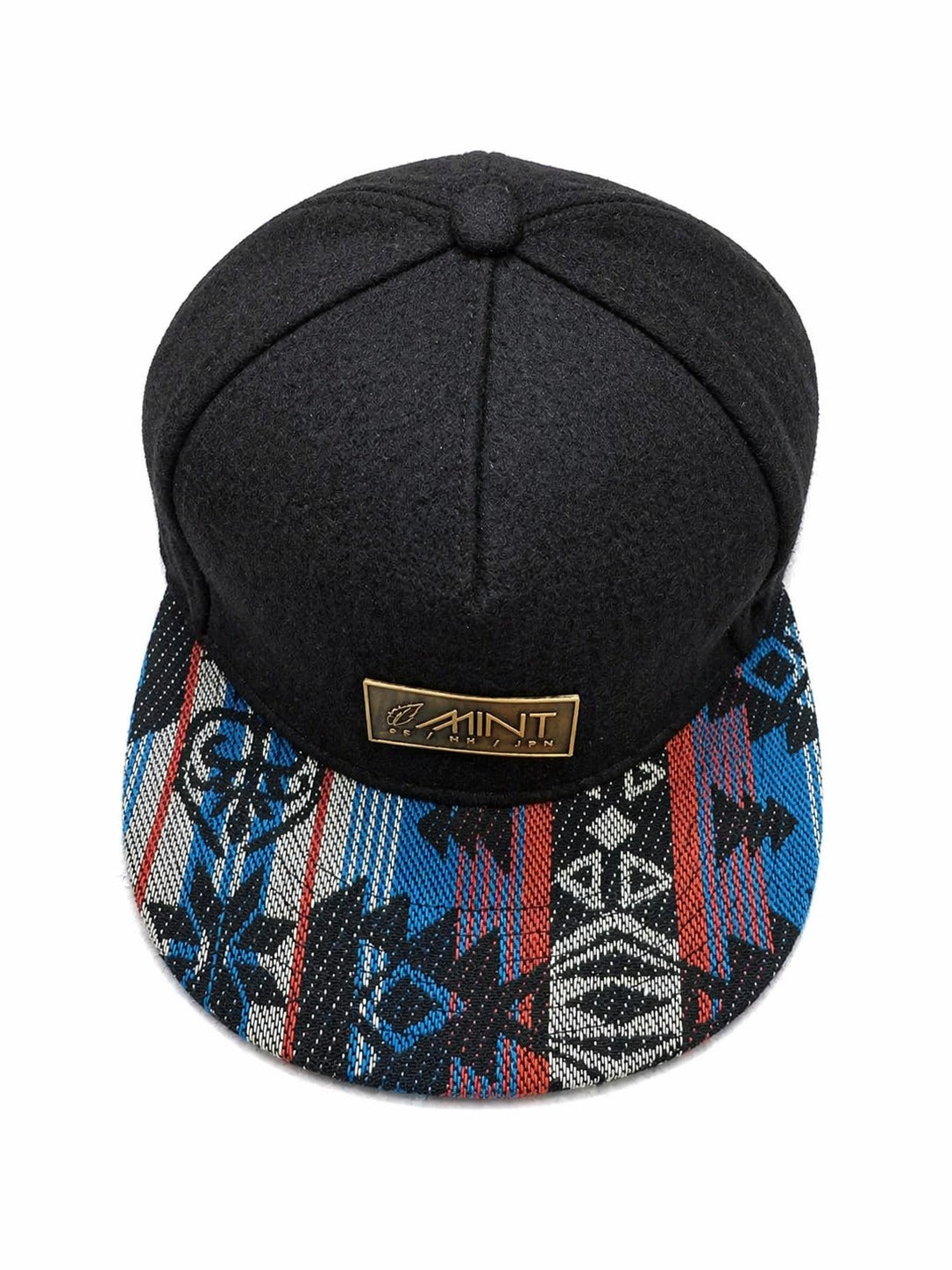 Black cap with a colorful patterned brim and brand logo on a white background