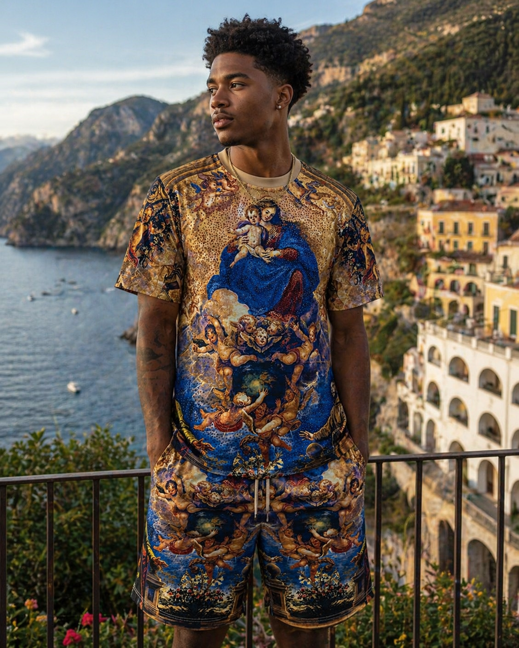Person wearing a colorful outfit with a scenic background of mountains and buildings.