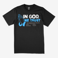 Black t-shirt with 'In God We Trust' text and praying hands graphic on a white background