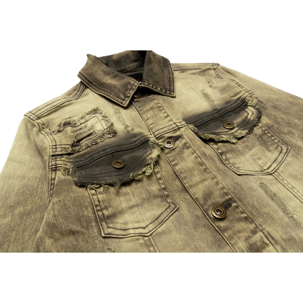 Denim jacket with distressed details on a white background