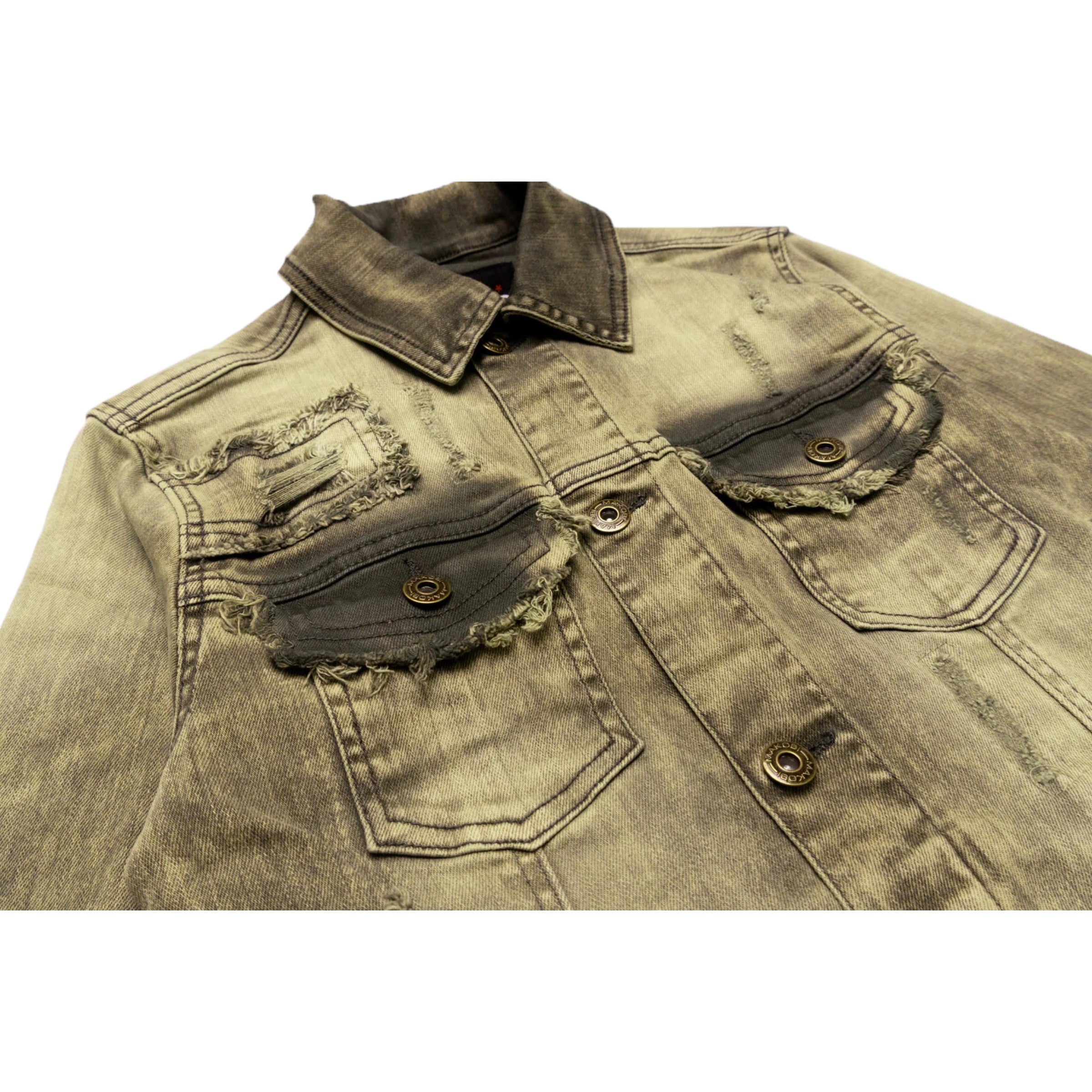 Denim jacket with distressed details on a white background