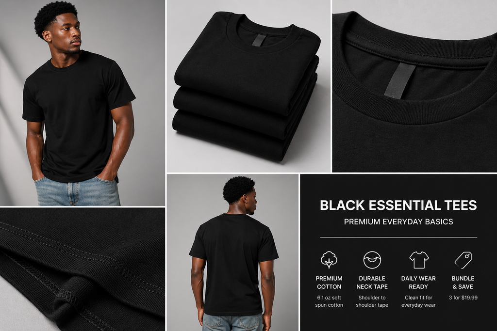 Black t-shirt displayed on a man, folded, and shown from different angles with product details.