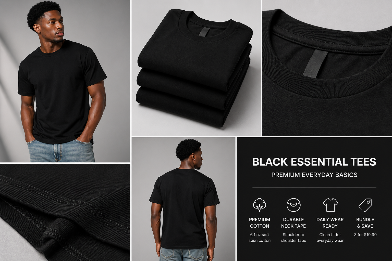 Black t-shirt displayed on a man, folded, and shown from different angles with product details.