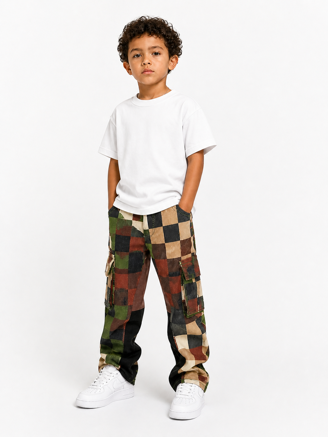 Kids Slim Fit Checker Camo Denim in Olive