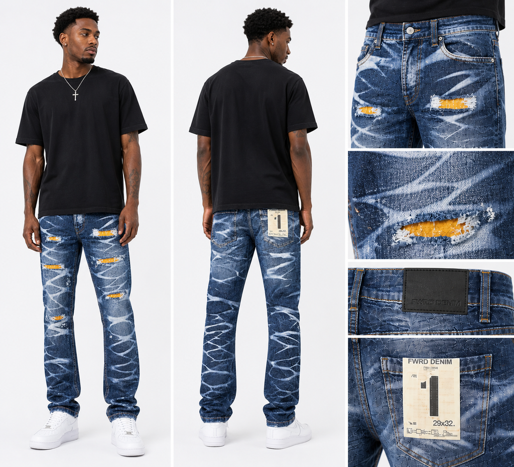 Men's Slim Fit Crystal Distressed Denim in Blue/Timber