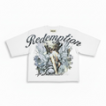 White t-shirt with an angel graphic and 'Redemption' text on a white background