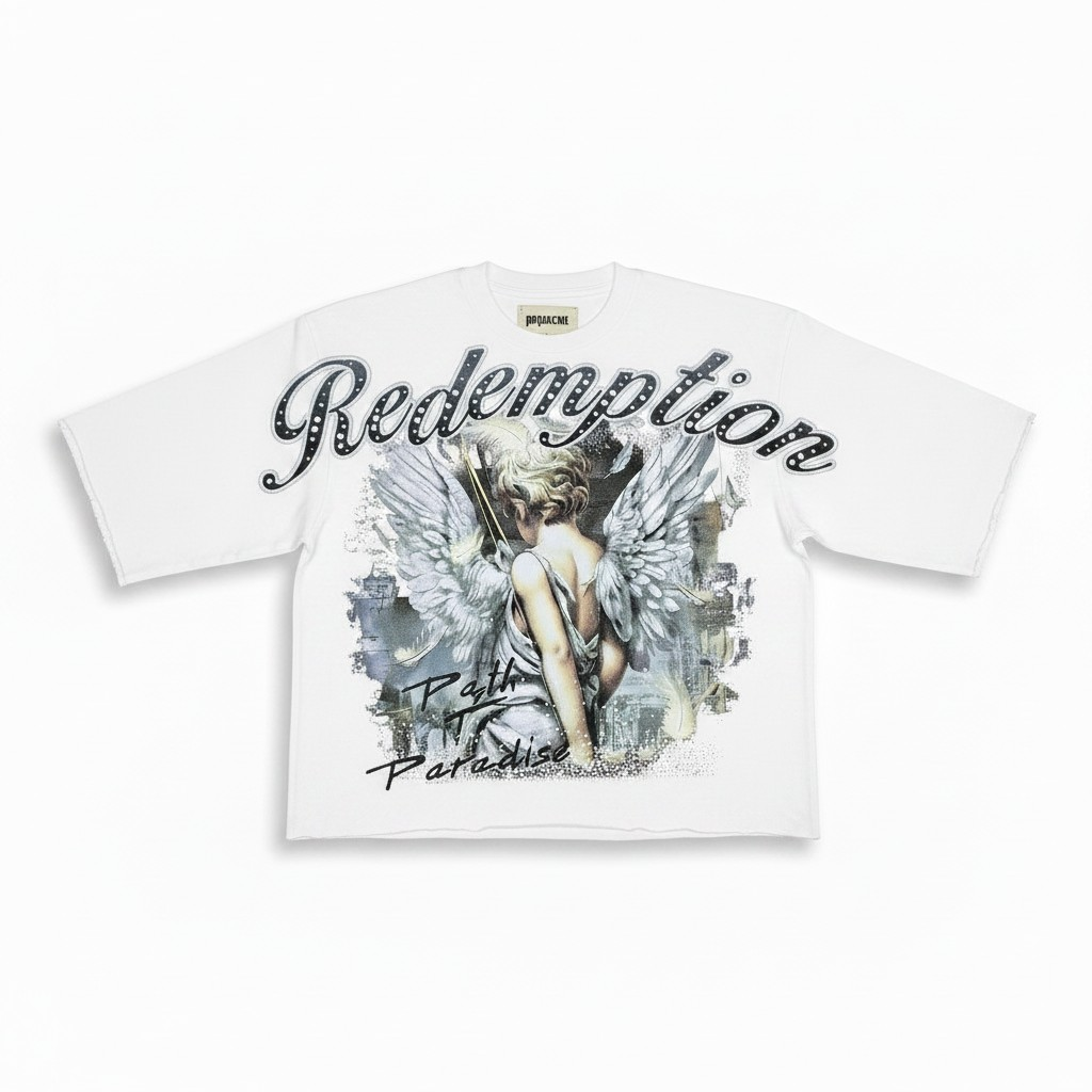 White t-shirt with an angel graphic and 'Redemption' text on a white background