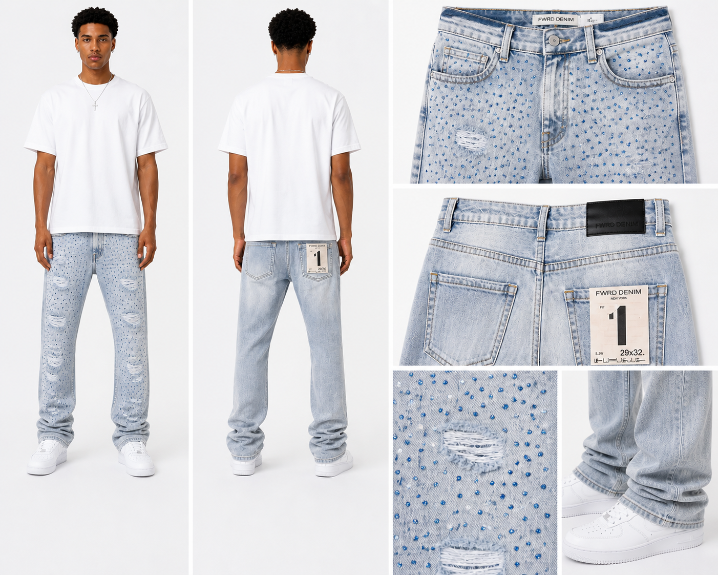 Men's Slim Fit Crystalized Distressed Denim in Ice Blue/Royal Blue