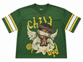 Green sports jersey with graphic design of a child with wings and text on a white background
