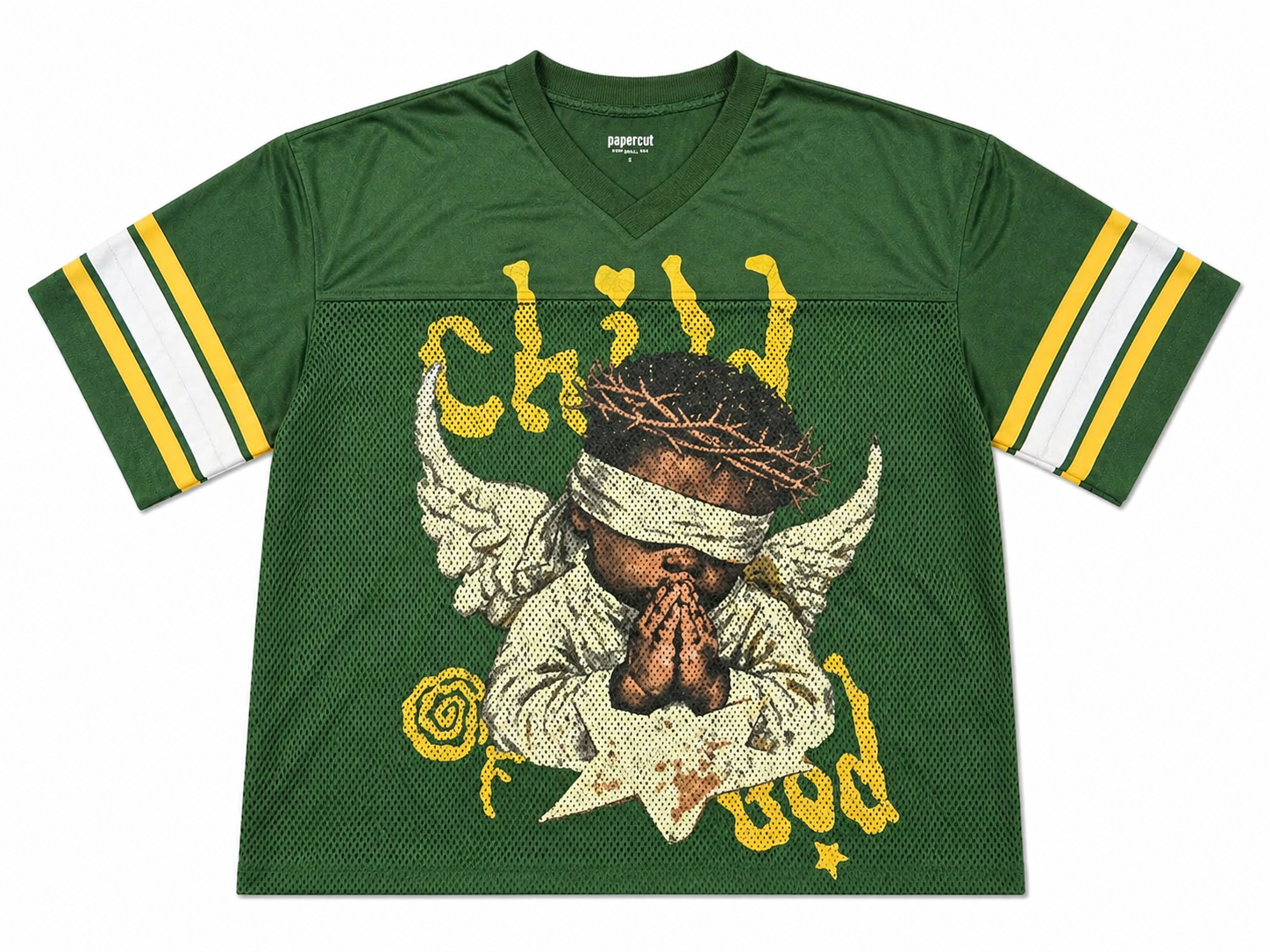 Green sports jersey with graphic design of a child with wings and text on a white background