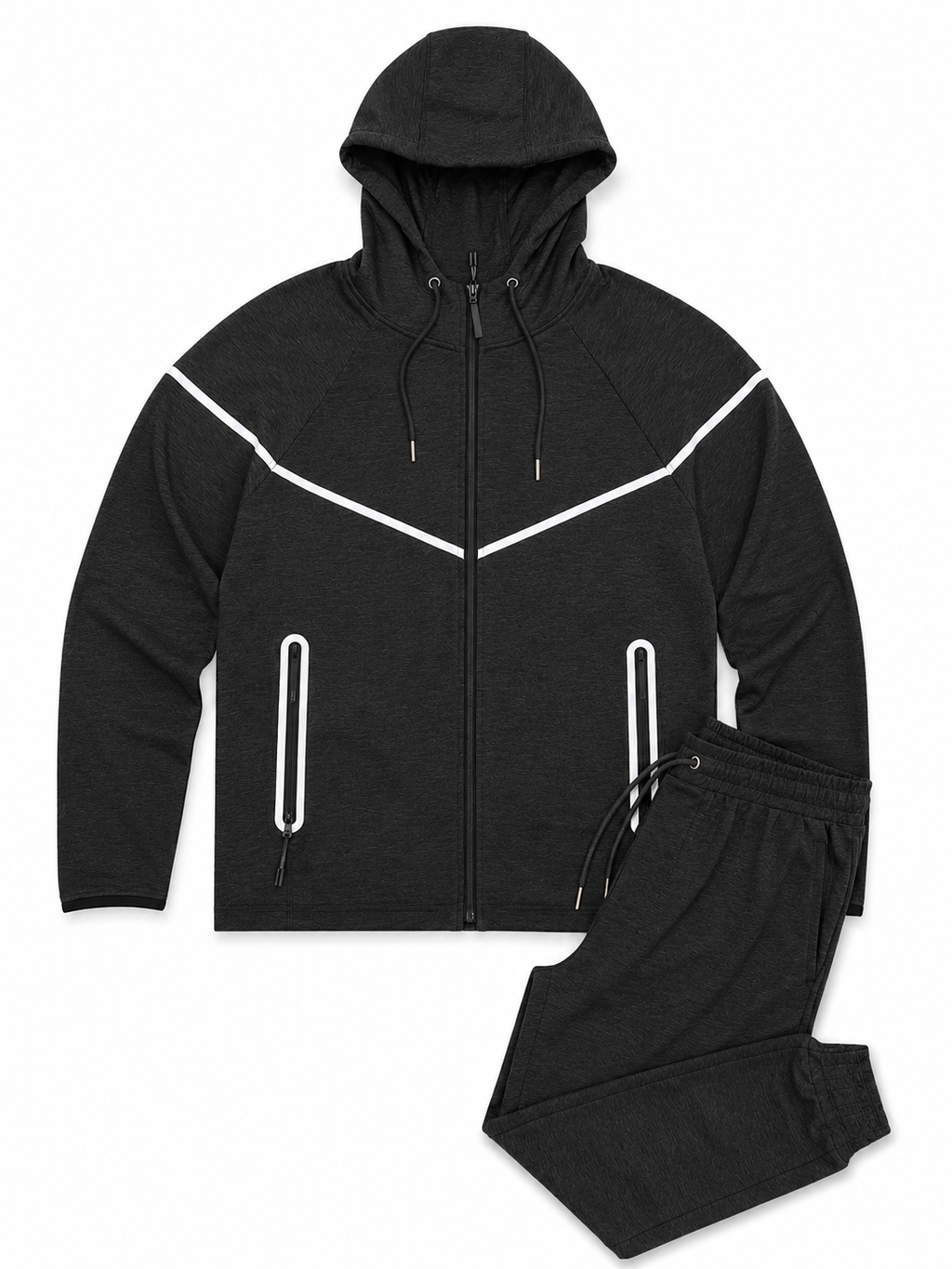 Black tracksuit with white zippers on a white background By Doubforty.