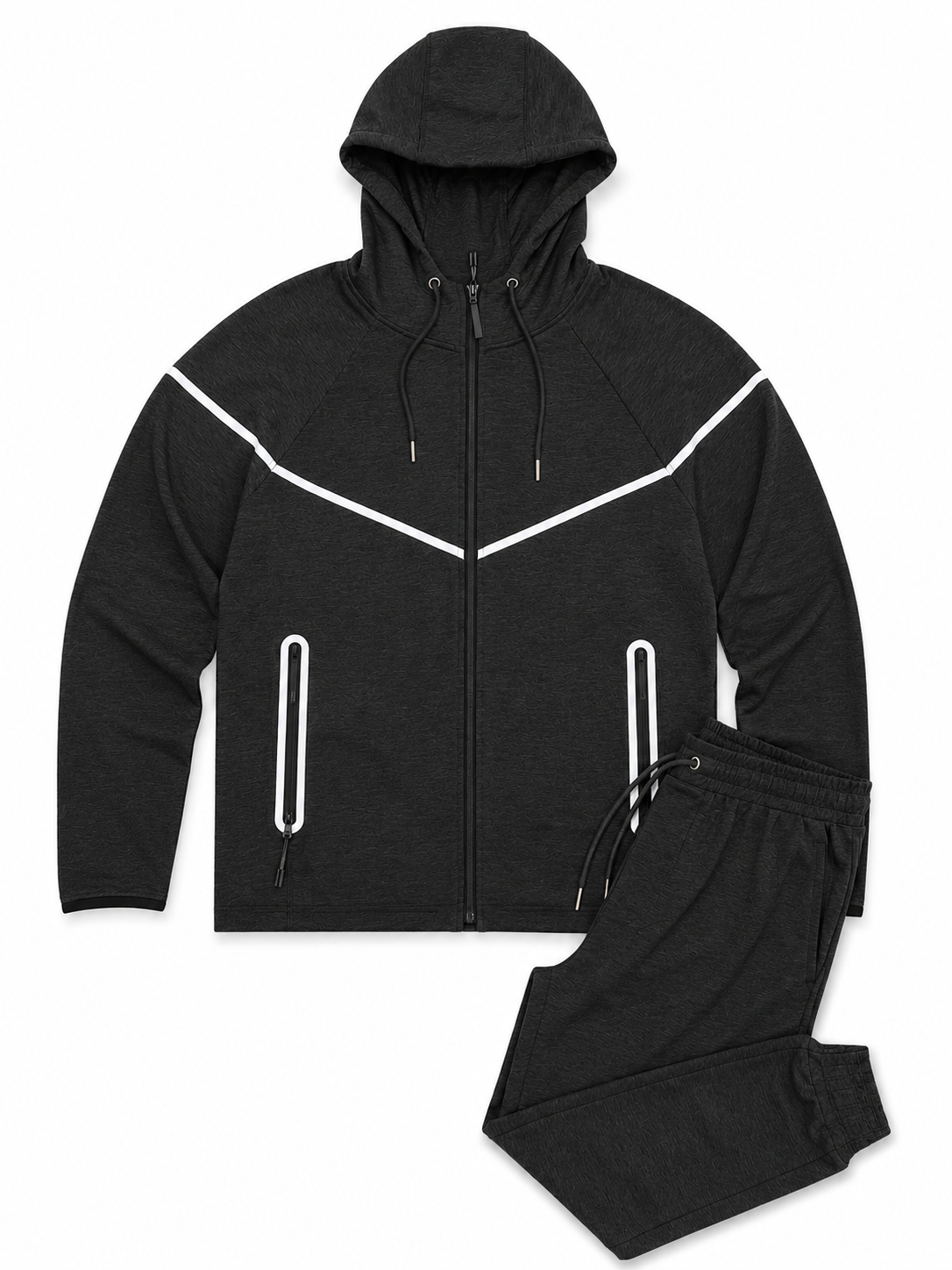 Black tracksuit with white zippers on a white background By Doubforty.