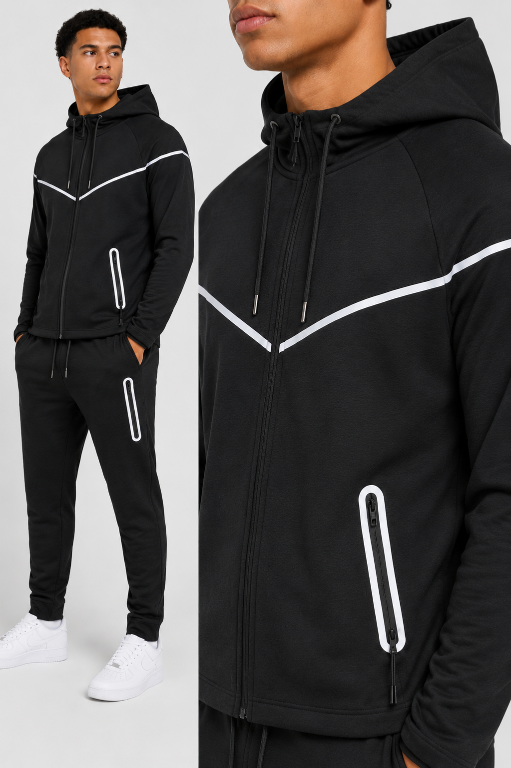 Black tracksuit with white accents worn by a model on a plain background By Dubforty.