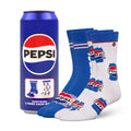 Pepsi can with two pairs of socks featuring Pepsi logo on a white background