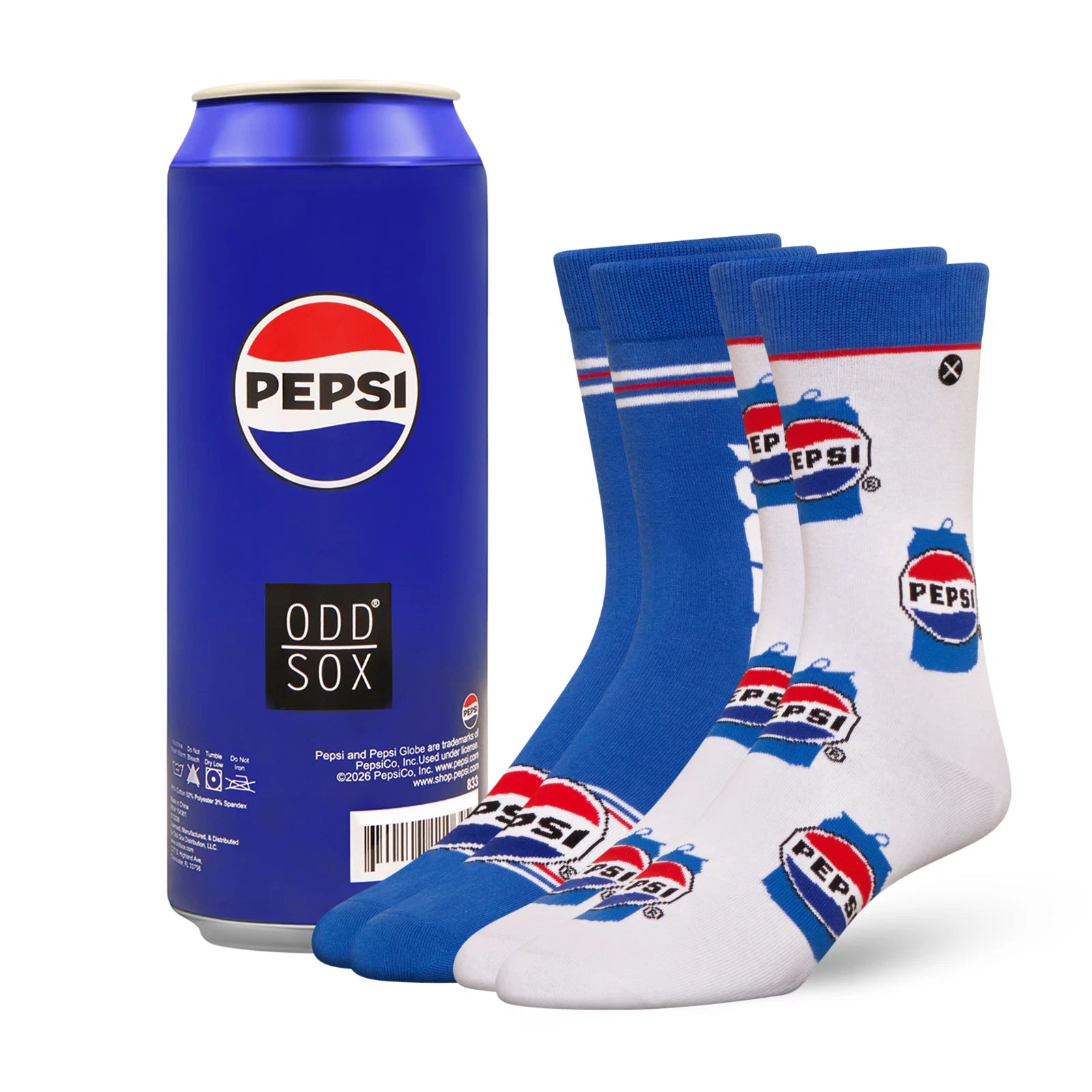 Pepsi can and socks with Pepsi logo on a white background
