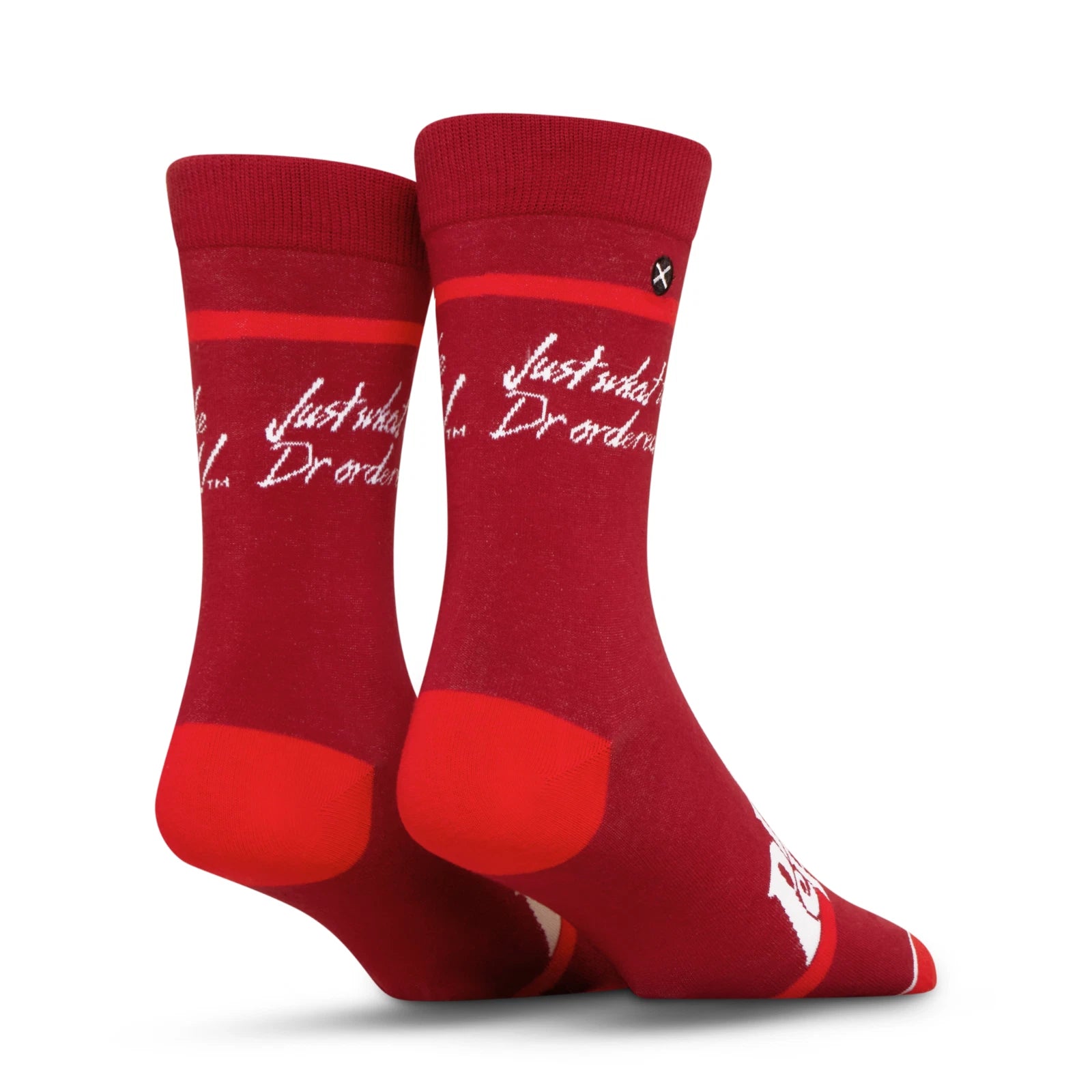 Red socks with white text on a white background