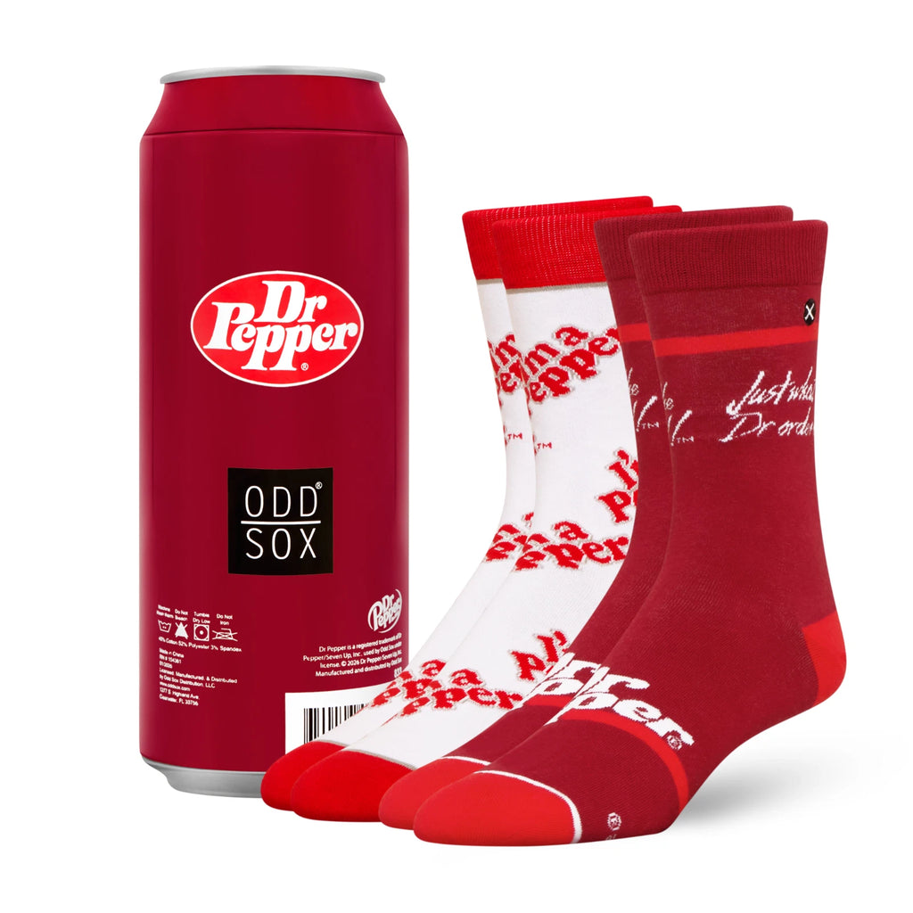 Dr Pepper Odd Sox can and socks on a white background