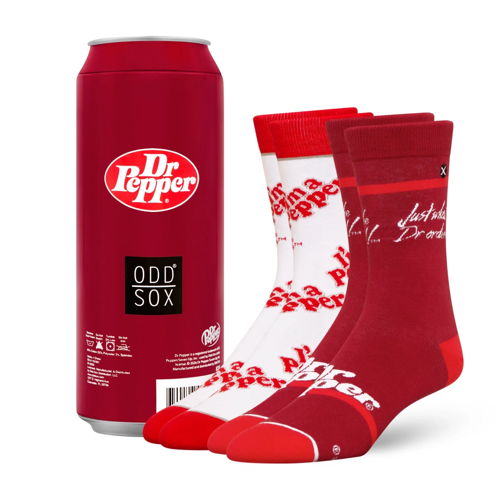 Dr Pepper Odd Sox can and socks on a white background