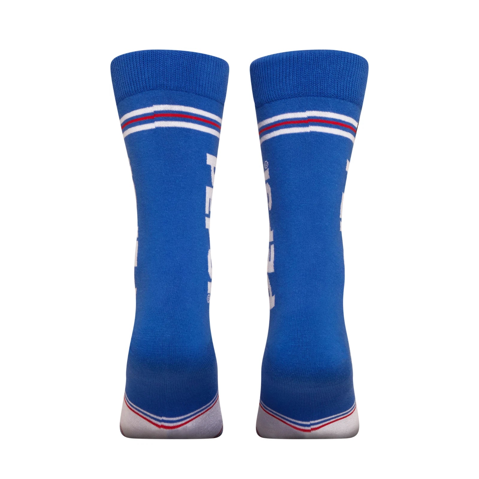 Pair of blue socks with white and red stripes on a white background
