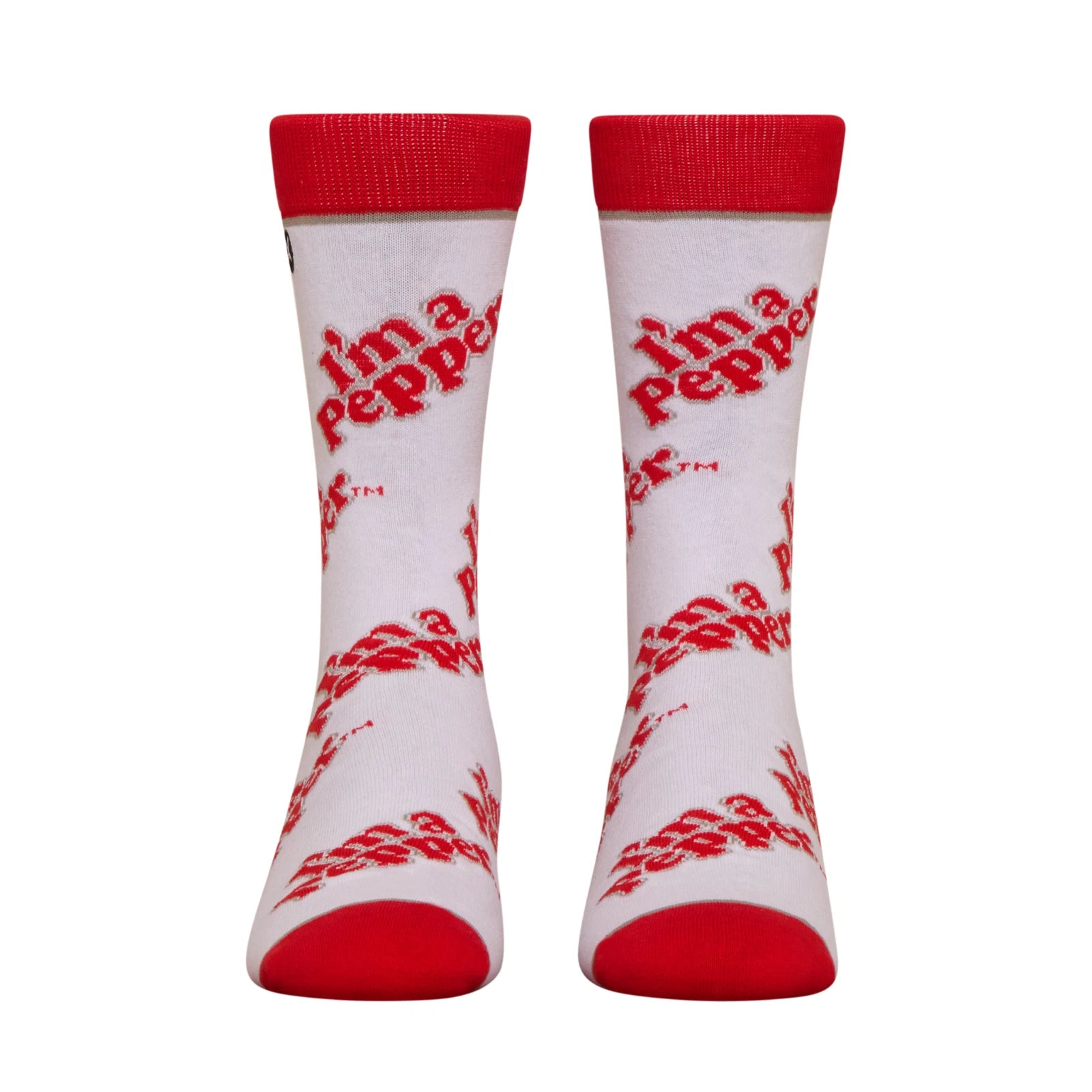 White socks with red text and design on a white background