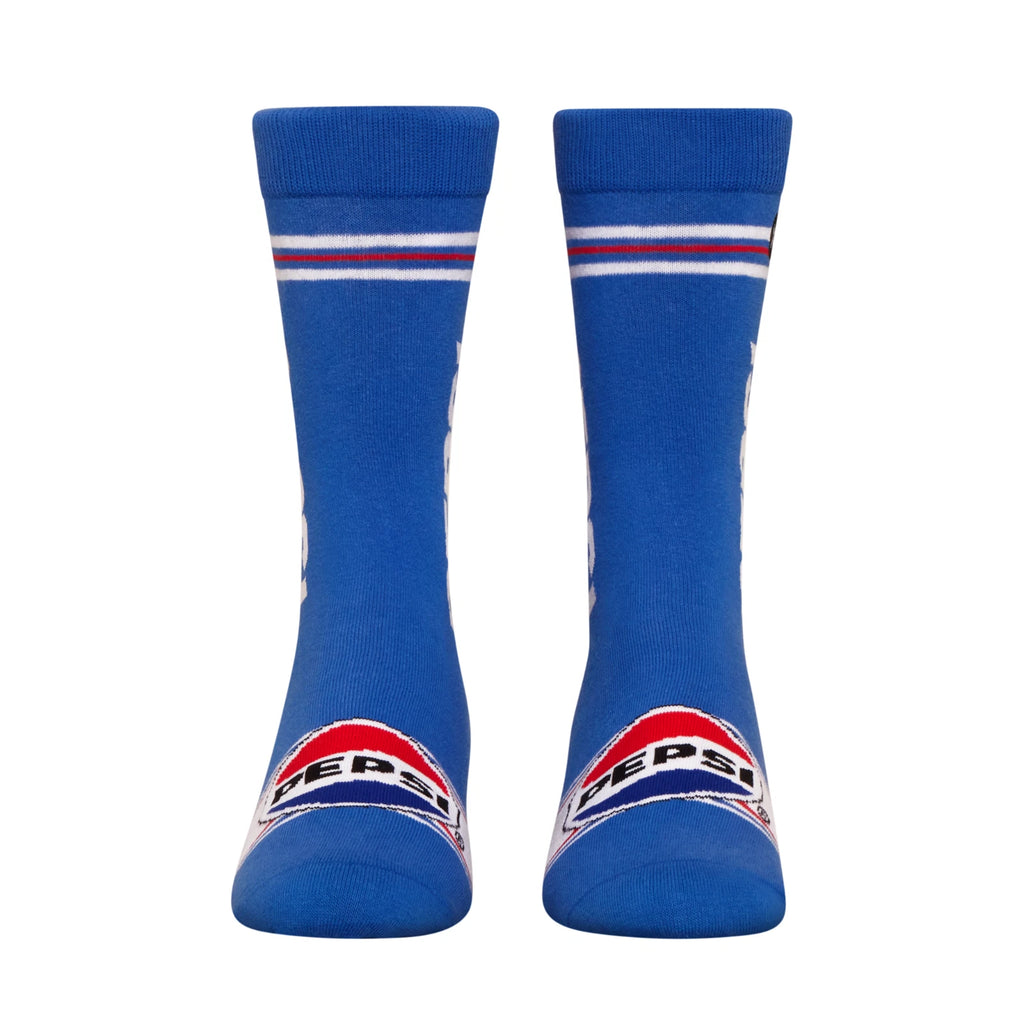 Pair of blue socks with Pepsi logo on a white background