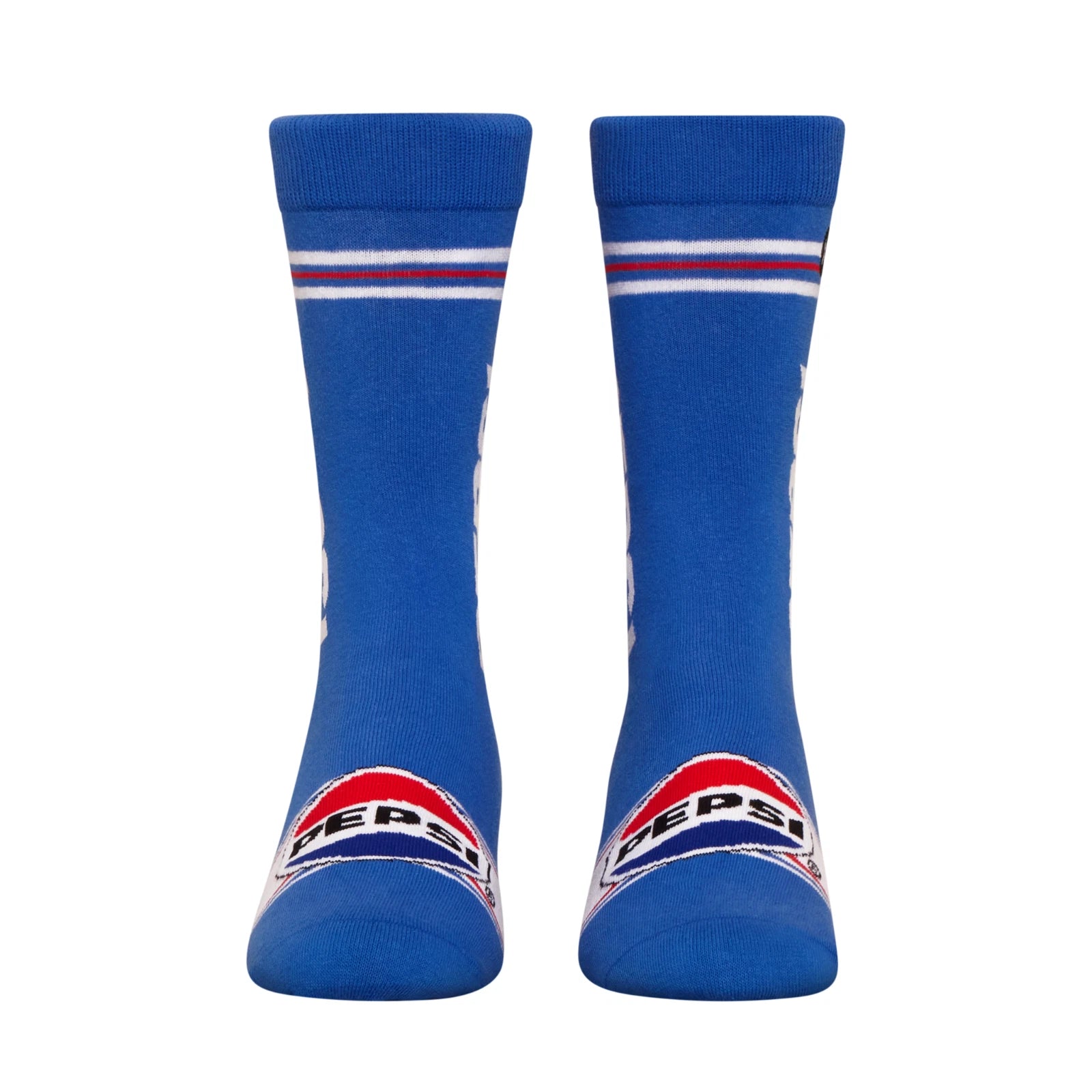 Pair of blue socks with Pepsi logo on a white background