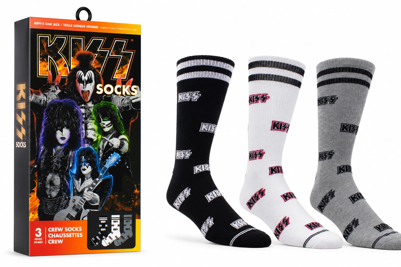 KISS 3 Pair Crew Socks Gift Box Men's One Size Rock Band Novelty Socks