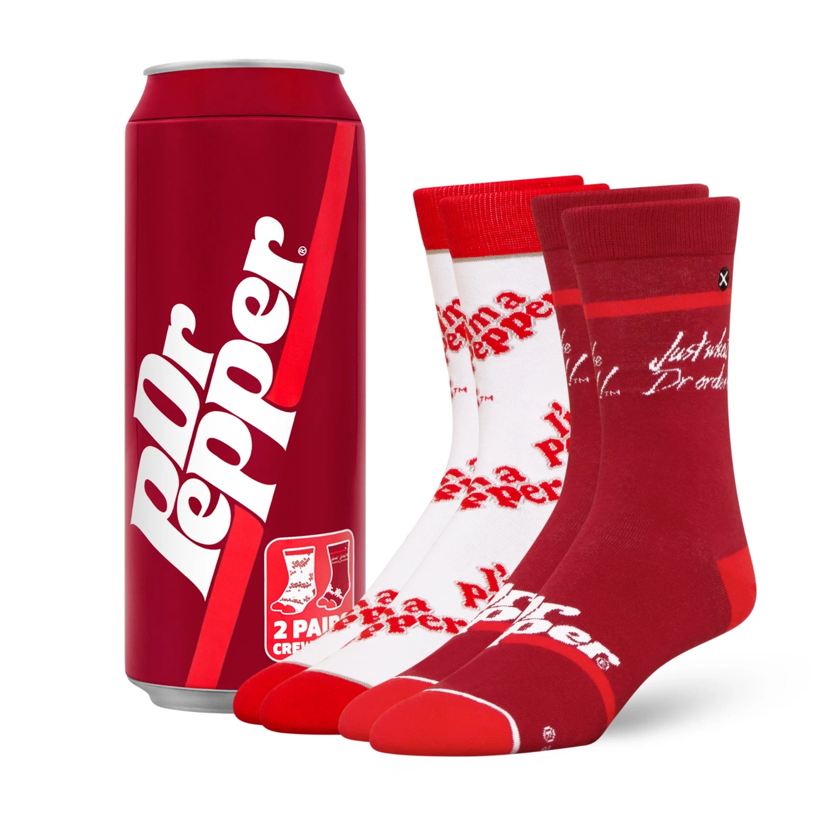 Dr Pepper can and socks on a white background