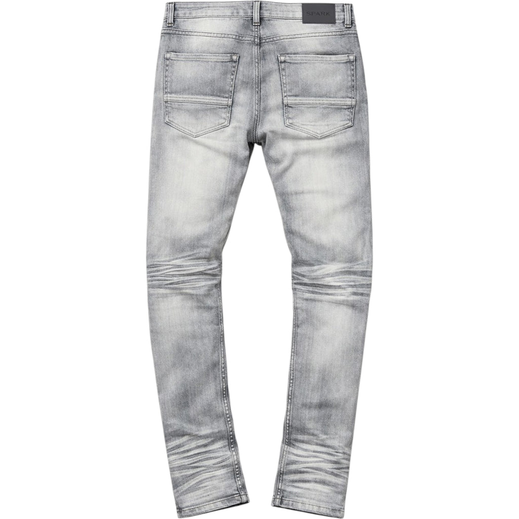 Back view of light gray jeans on a white background
