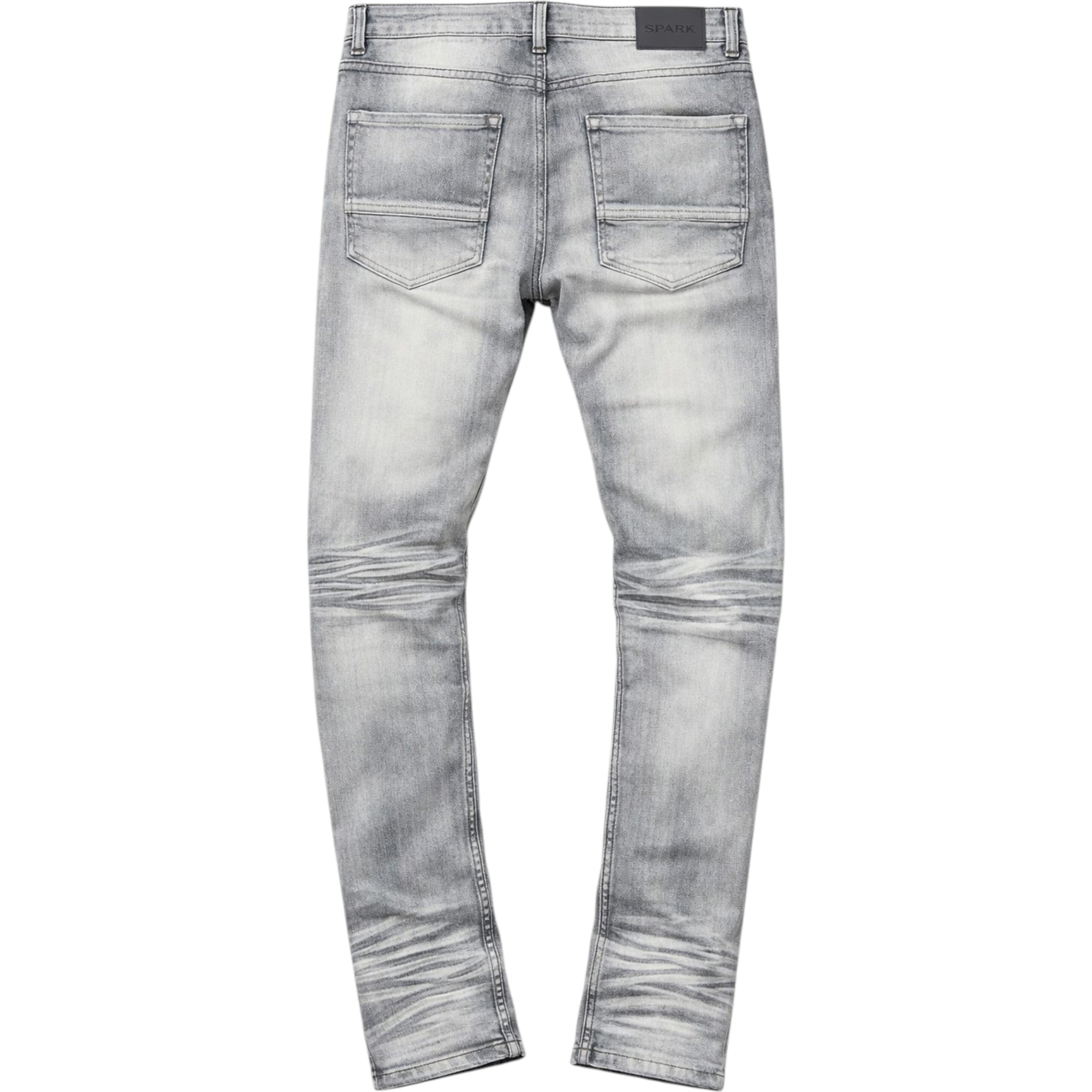 Back view of light gray jeans on a white background