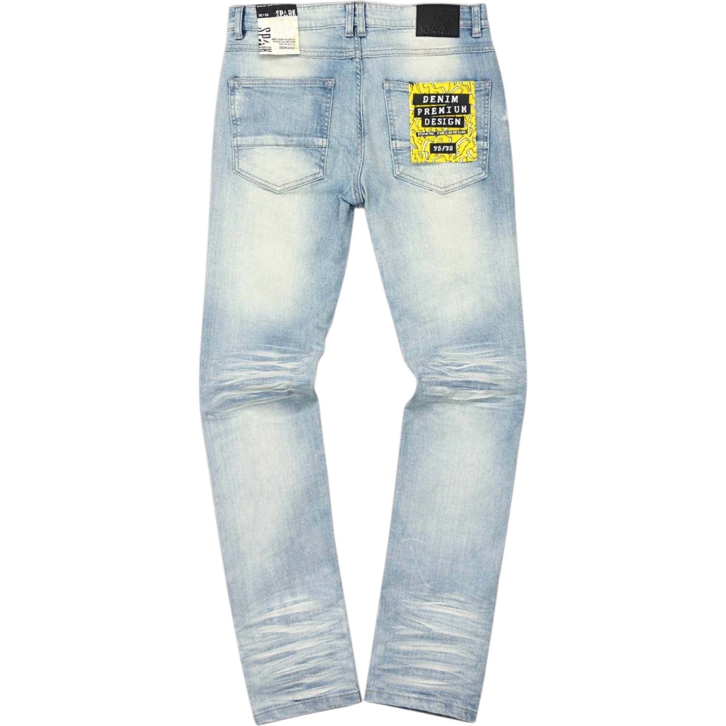 Light blue distressed jeans with a brand label on a white background